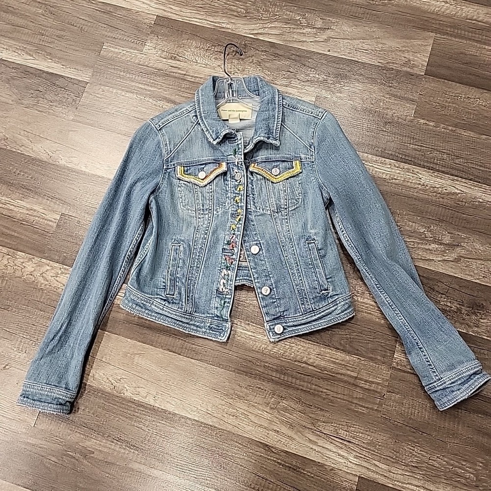 Anthropologie Pilcro Embroidered Desing Denim Jacket, Blue, Size Small